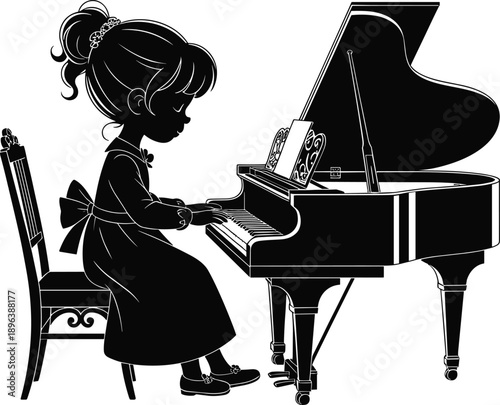 Silhouette of little girl playing grand piano symbolizing music education classical performance creativity childhood talent