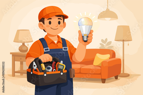 Young male technician holding lightbulb in cozy living room setting
