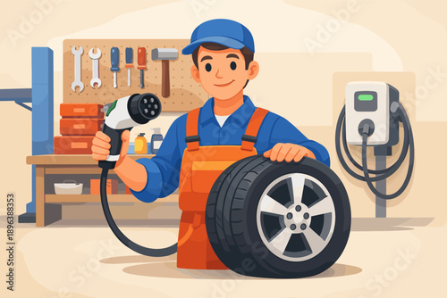 Smiling male mechanic holding tire and ev charger in workshop