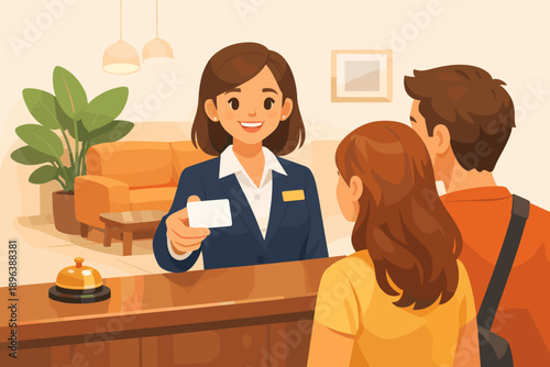 Hotel receptionist greeting caucasian guests at check-in desk