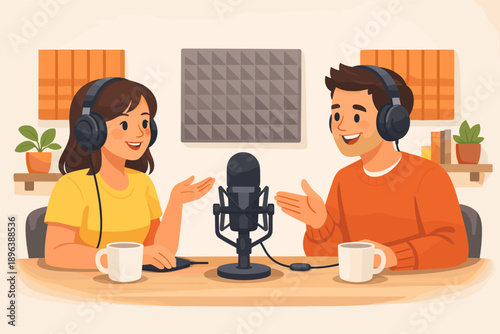 Young caucasian female and male podcasters recording conversational show with microphones
