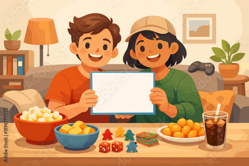 Happy young friends with blank sign, snacks, and games in cozy living room