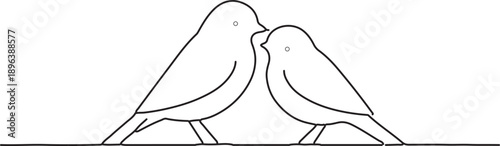 "Minimalist black and white line drawing of two birds facing each other symmetrically on perch, decorative illustration symbolizing balance, harmony, companionship and creative modern stock artwork"