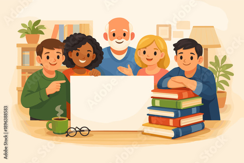 Diverse group of happy adults and elderly man holding blank sign in cozy room