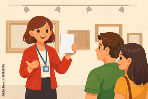 Female asian young guide discussing art with visitors at gallery