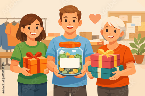 Diverse group collecting donations for charity with gifts and funds in community center