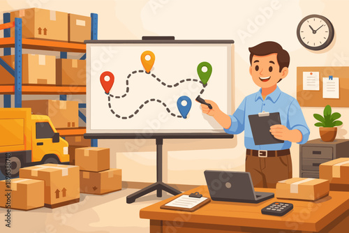 Male caucasian adult planning logistics in warehouse with map presentation