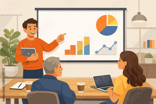 Young hispanic male leading business presentation to diverse adult team