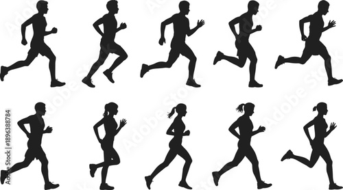 Collection of Male and Female Runner Silhouettes in Motion on White Background illustration