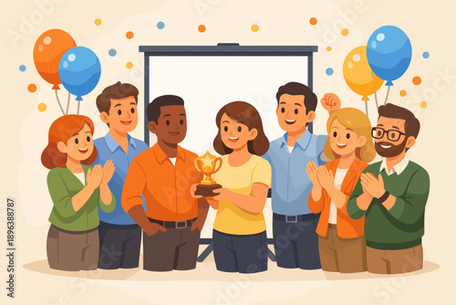 Diverse team celebrates achievement with trophy and balloons
