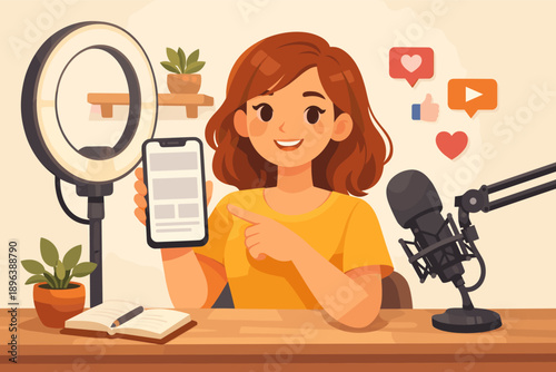 Young caucasian female influencer creating content with smartphone and microphone in home studio