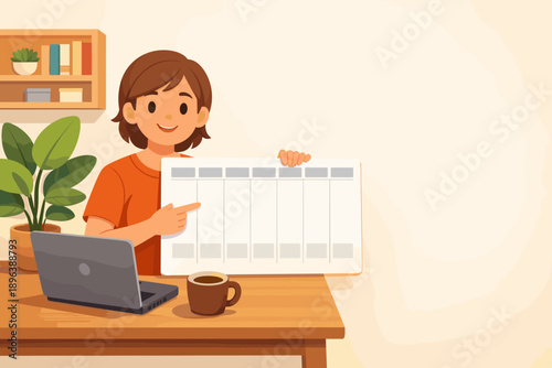 Smiling young caucasian female using weekly planner at home desk