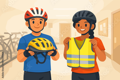 Young caucasian male and hispanic female cyclists holding safety gear in indoor setting