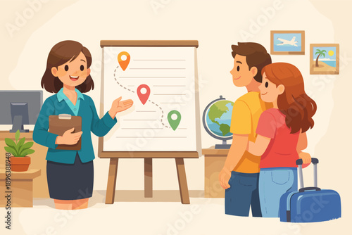 Travel planning consultation with female agent and couple in office