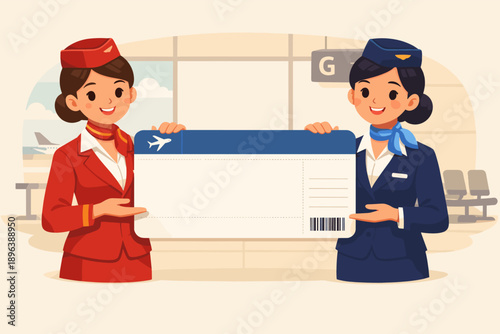 Female flight attendants displaying a large ticket at airport terminal