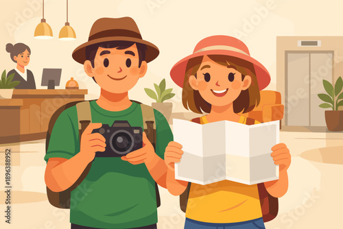 Young caucasian tourists exploring hotel lobby with camera and map