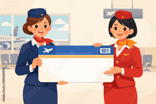 Female flight attendants holding blank boarding pass at airport terminal