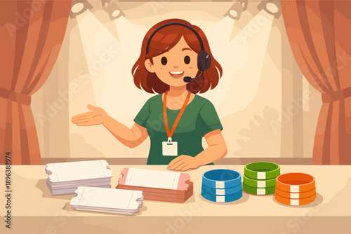 Friendly female sales assistant in green shirt at ticket counter