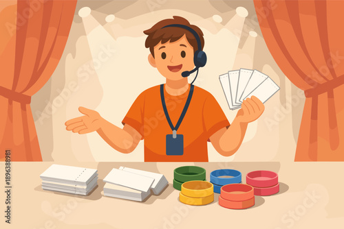 Young caucasian male game show host with cards and colorful wristbands on stage