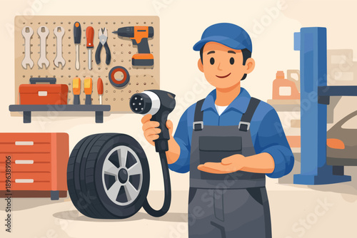 Young male caucasian mechanic holding electric car charger in workshop