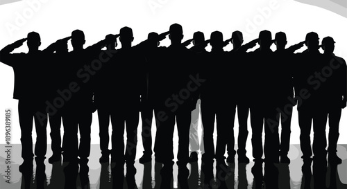 Black silhouette vector illustration of a group of soldiers or officers standing in a row giving a military salute for patriotic veterans day branding