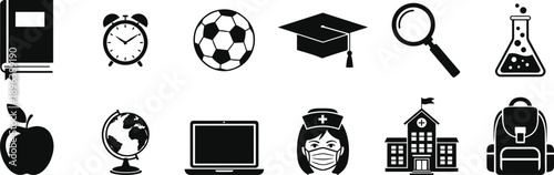 Education and office icon set with school, learning and workplace symbols ideal for academic platforms, presentations, websites and professional documentation design

