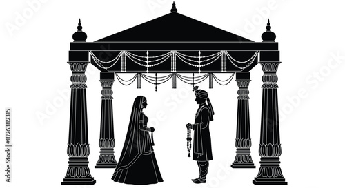 Black silhouette vector illustration of a traditional Indian wedding ceremony featuring a bride and groom under a decorative mandap for marriage branding design