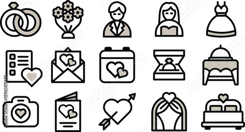 Wedding Planning and Romance Icons, Minimal Line Style for Modern Web Design, Mobile Interfaces, and Digital Resources