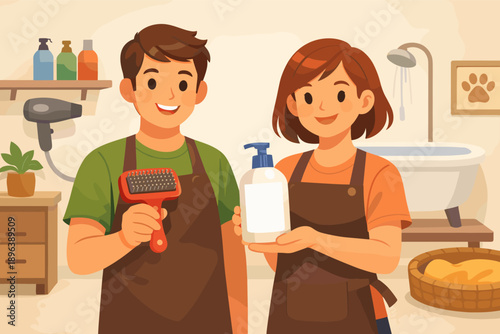 Young caucasian male and female pet groomers in a modern pet salon