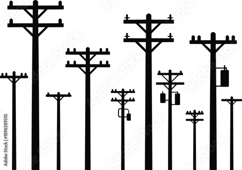 Collection of Silhouetted Utility Poles with Transformers and Insulators on White Background power line