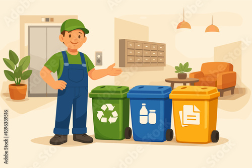 Young male sorting recyclables in modern apartment lobby with green, blue, and yellow bins