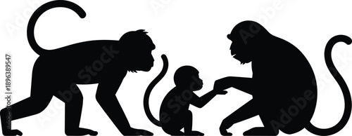 Silhouette of monkey family with baby showing wildlife parenting bond nature animal behavior forest ecology protection care love social learning