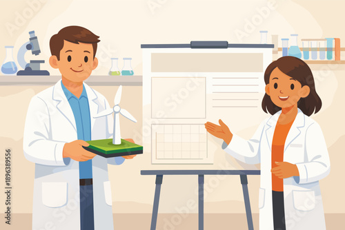 Male and female scientists presenting wind turbine model in laboratory setting