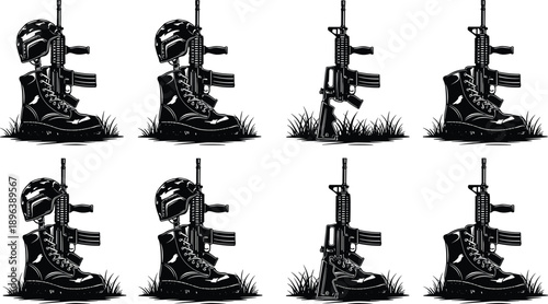 Black silhouette vector illustration set featuring fallen soldier battle cross memorials with rifles helmets and boots for military remembrance and veterans day design
