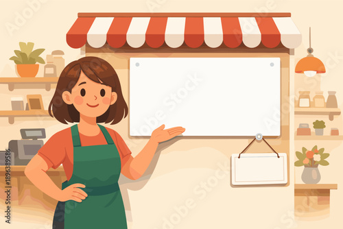 Female barista displaying blank sign in cozy coffee shop with friendly smile