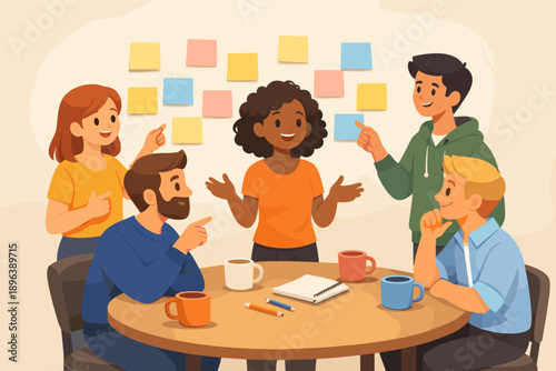 Diverse young adults collaborating in creative meeting around table