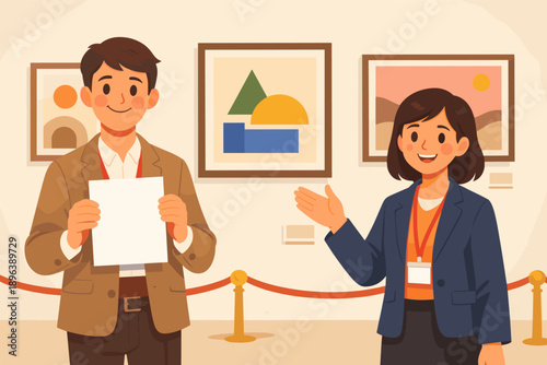 Young caucasian pair enjoys art exhibition