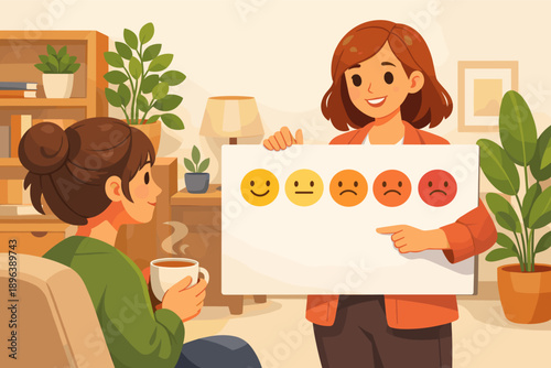 Female therapist assessing mood with emoji chart in counseling session