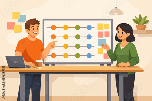 Young male and female collaborating on project with abacus in office setting