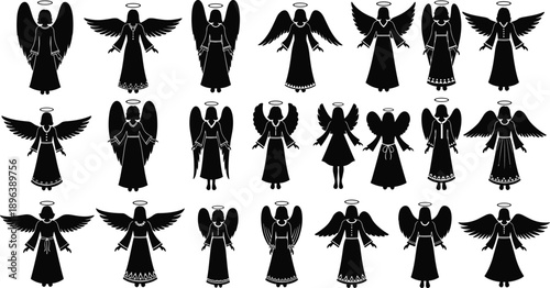 Black silhouette vector illustration set featuring various angels with wings and halos for religious spiritual Christmas holiday and heavenly guardian branding design projects
