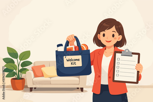 Young caucasian female holding welcome kit and checklist in living room