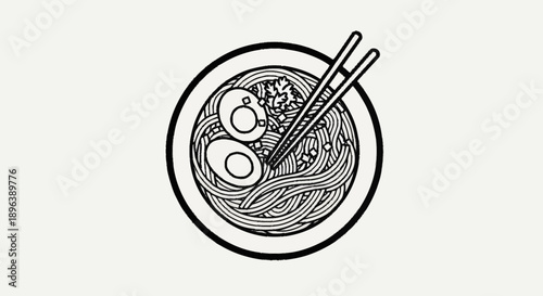 Stylized Illustration of Ramen Noodles with Eggs and Chopsticks.