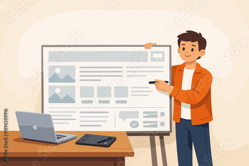 Young male caucasian adult presenting web design concept with whiteboard