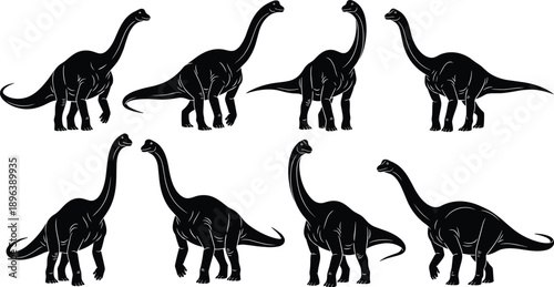 Black silhouette vector illustration set featuring various long neck Brachiosaurus dinosaurs for prehistoric wildlife educational exhibits and ancient Jurassic world branding design projects,