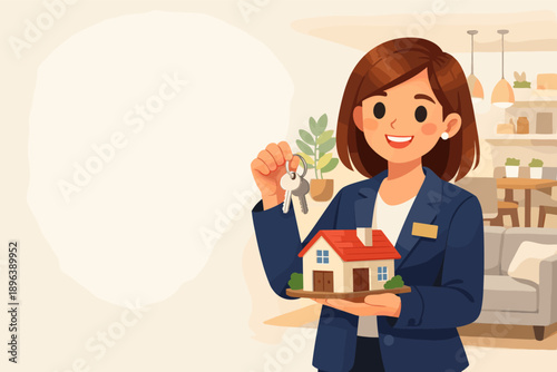 Female real estate agent holding house model and keys in living room setting