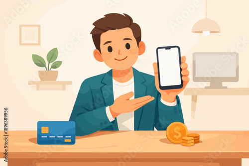 Young caucasian male displaying smartphone and credit card in office setting