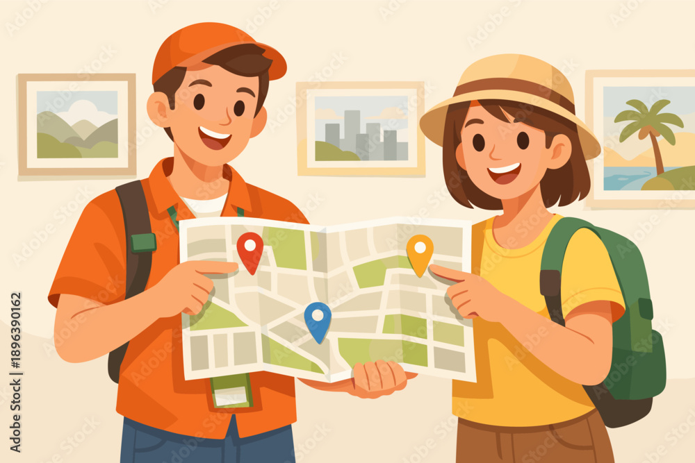 Fototapeta premium Young caucasian adults exploring map for travel adventure