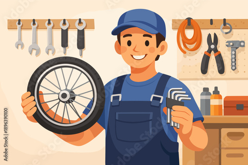 Smiling young hispanic male mechanic holding bike tire and tools in workshop