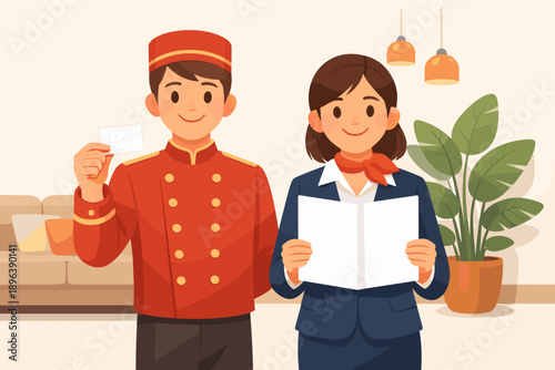 Hotel staff greeting guests with friendly service: cartoon bellhop and concierge team