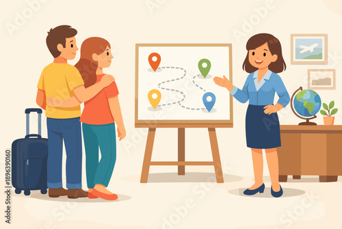 Asian female travel agent advising caucasian couple on journey itinerary